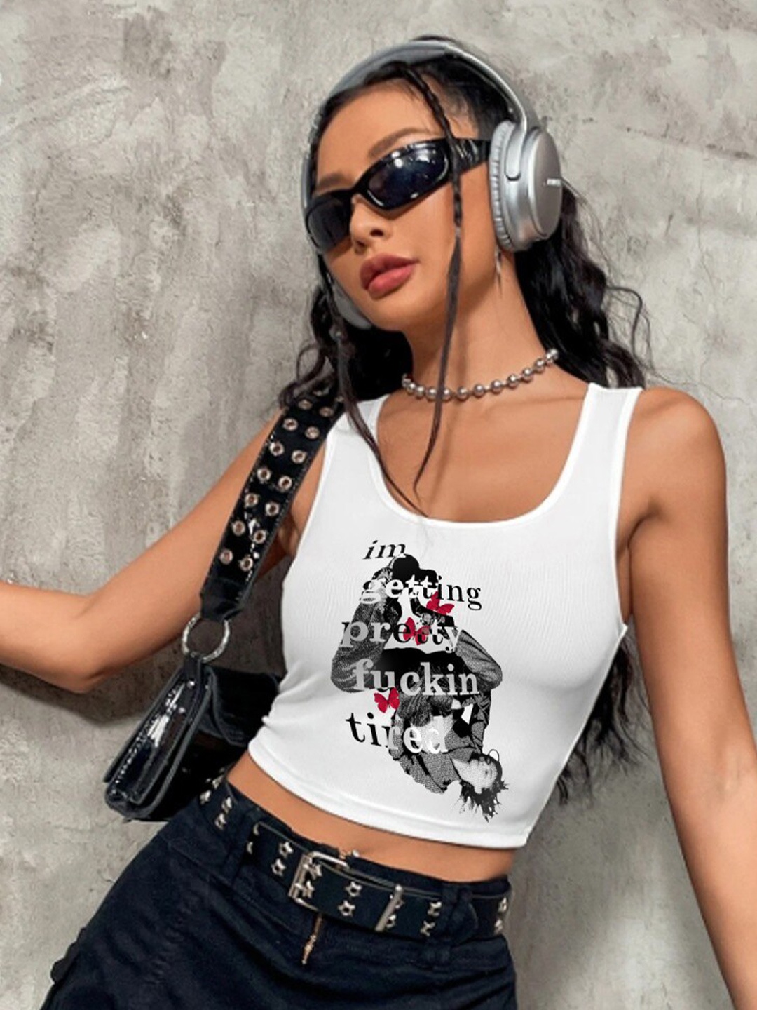 

HERSHEINBOX White Graphic Printed Scoop Neck Cotton Tank Crop Top