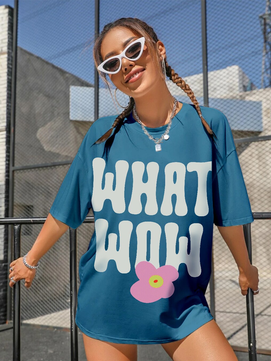 

HERSHEINBOX Blue Typography Printed Oversized T-shirt