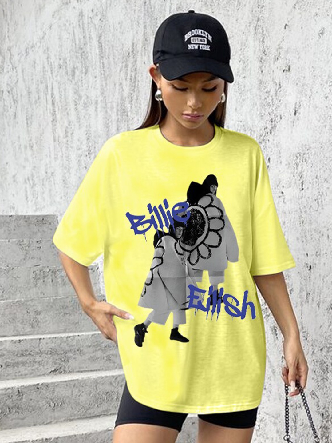 

HERSHEINBOX Printed Round Neck Three-Quarter Sleeves Cotton T-shirt, Yellow