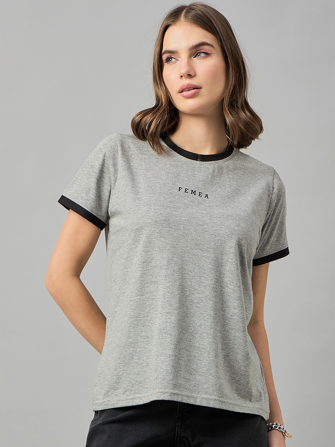 

FEMEA Typography Printed Round Neck Short Sleeves Cotton Regular Fit T-shirt, Grey
