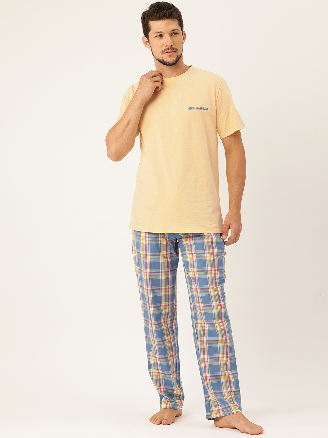 

ETC Men Checked Pure Cotton Night suit, Yellow