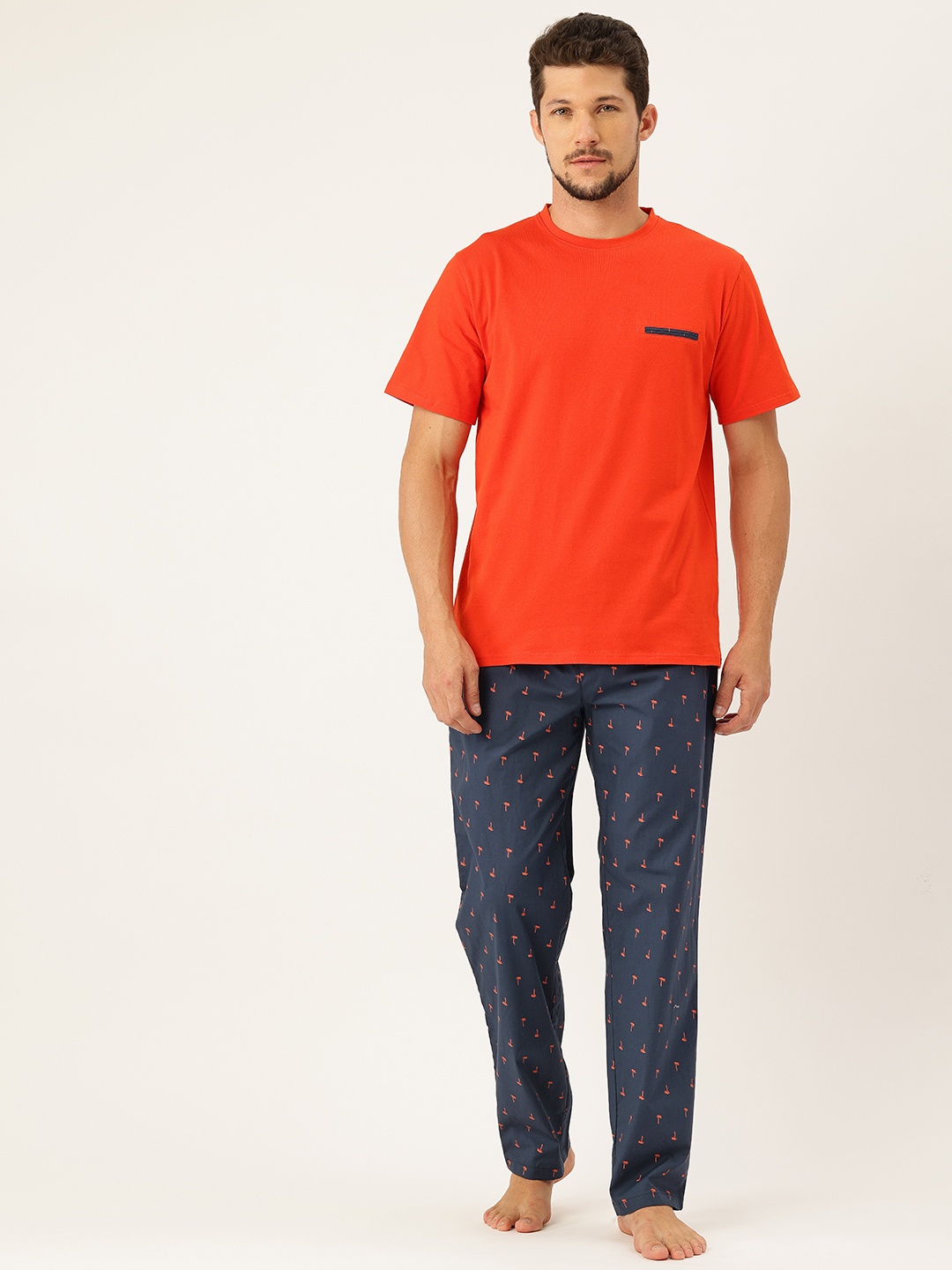 

ETC Men Printed Pure Cotton Night suit, Orange