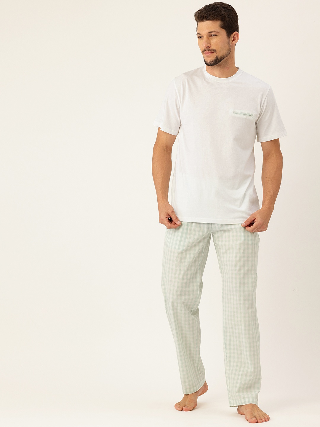 

ETC Men Checked Pure Cotton Night suit, White