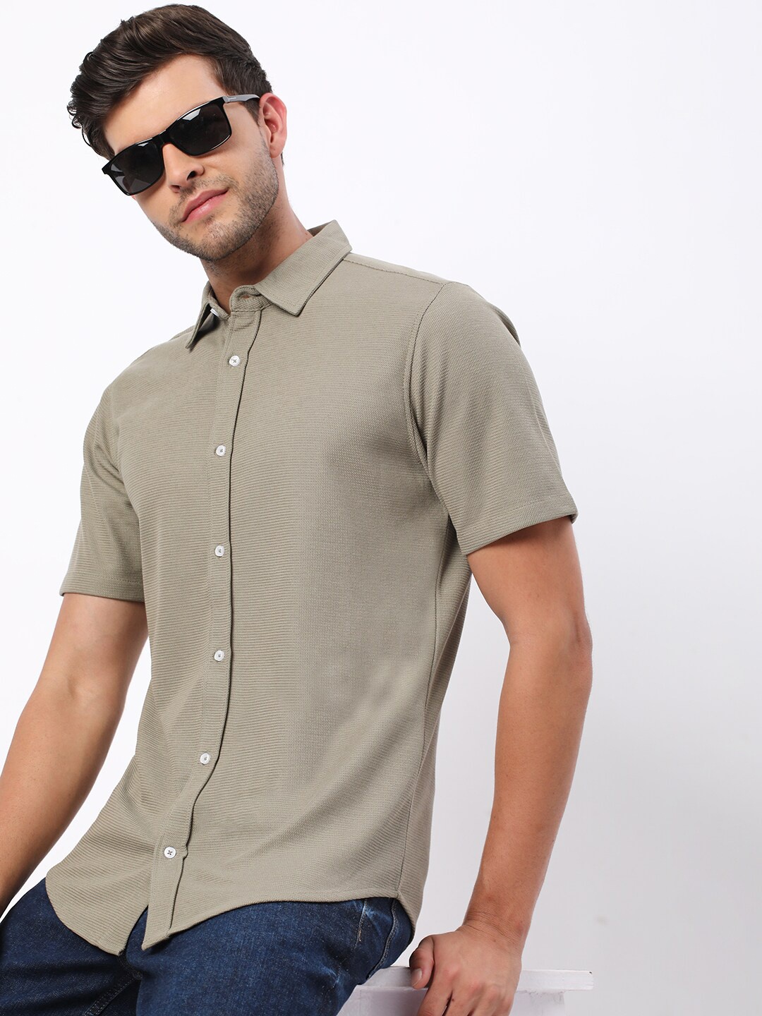 

R&B Textured Self Design Spread Collar Cotton Opaque Casual Shirt, Green