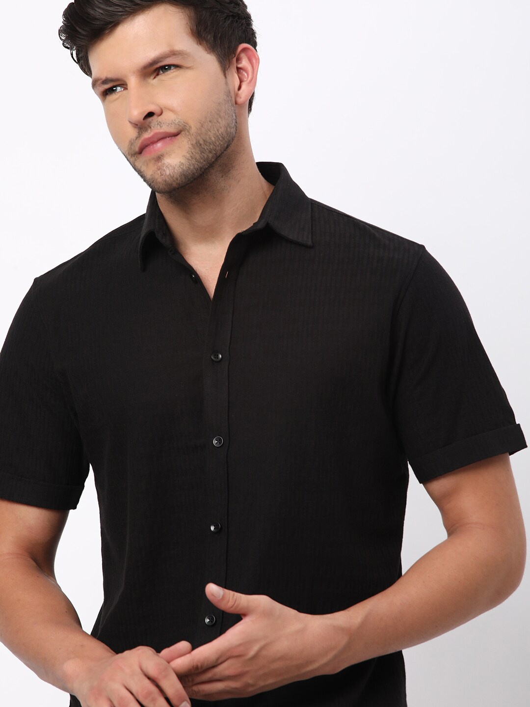 

R&B Textured Self Design Short Sleeves Cotton Casual Shirt, Black