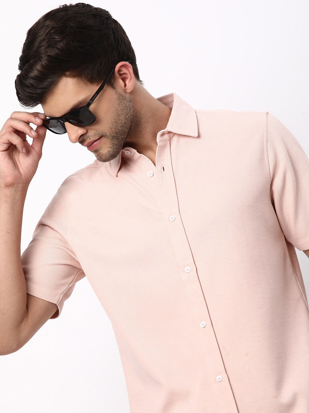 

R&B Spread Collar Short Sleeves Cotton Casual Shirt, Pink