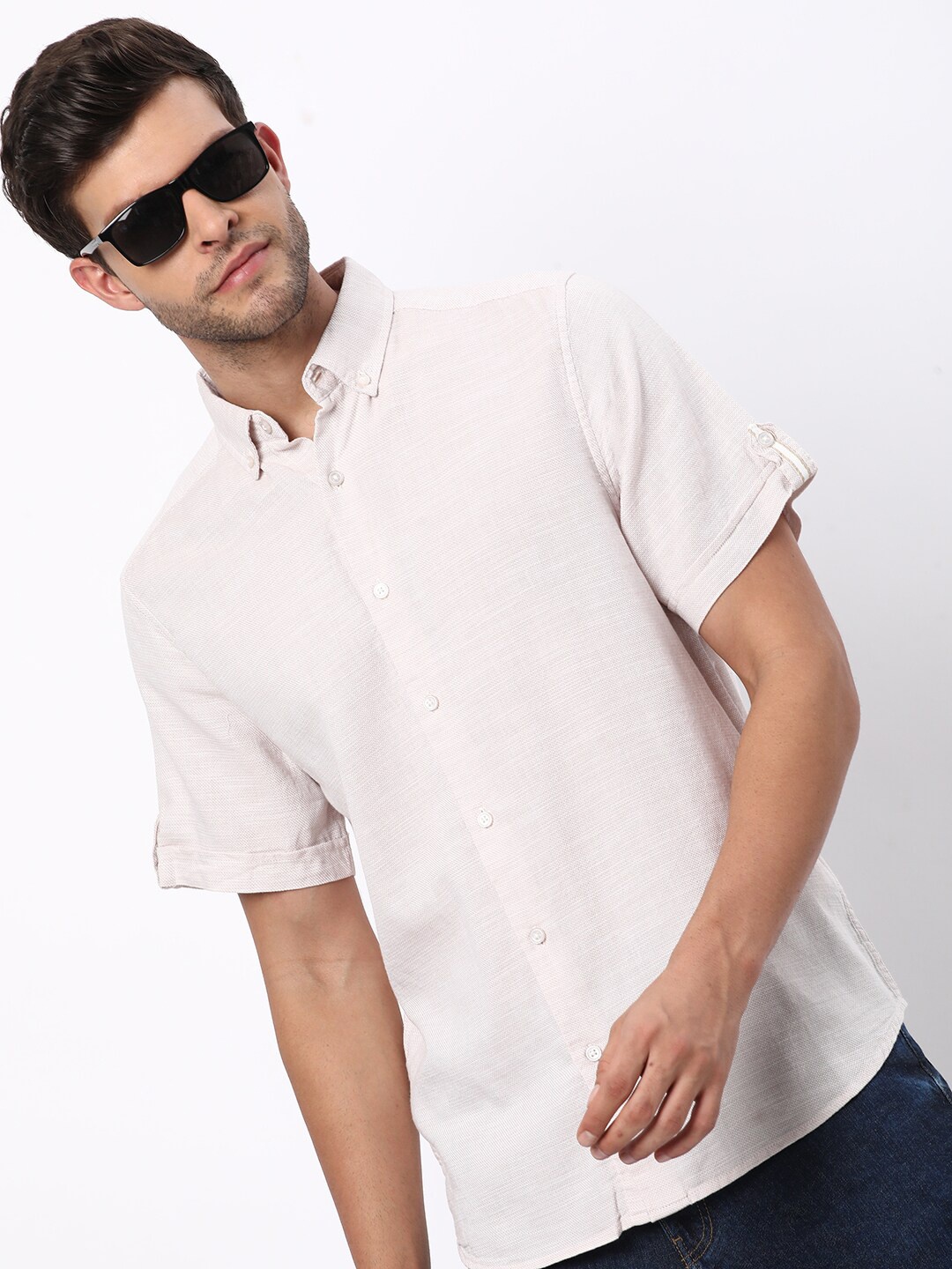 

R&B Textured Self Design Button Down Collar Cotton Casual Shirt, Beige