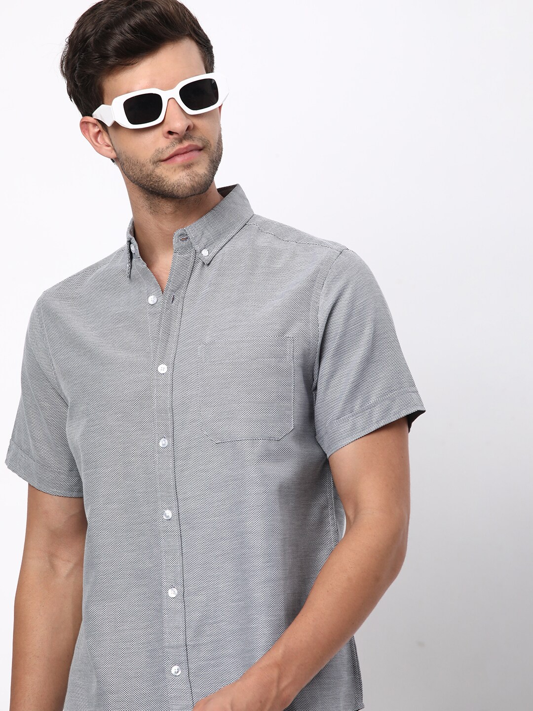

R&B Textured Self Design Button Down Collar Cotton Casual Shirt, Blue