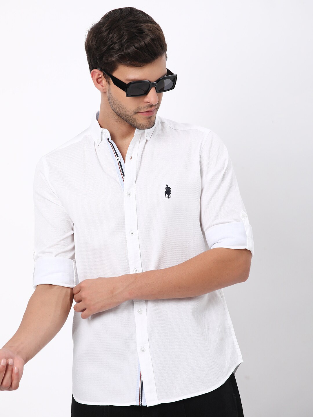 

R&B Textured Self Design Button Down Collar Cotton Casual Shirt, White