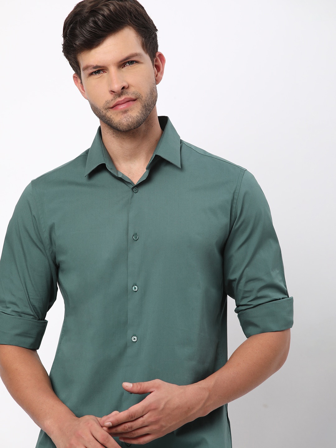 

R&B Slim Fit Spread Collar Long Sleeves Cotton Casual Shirt, Green