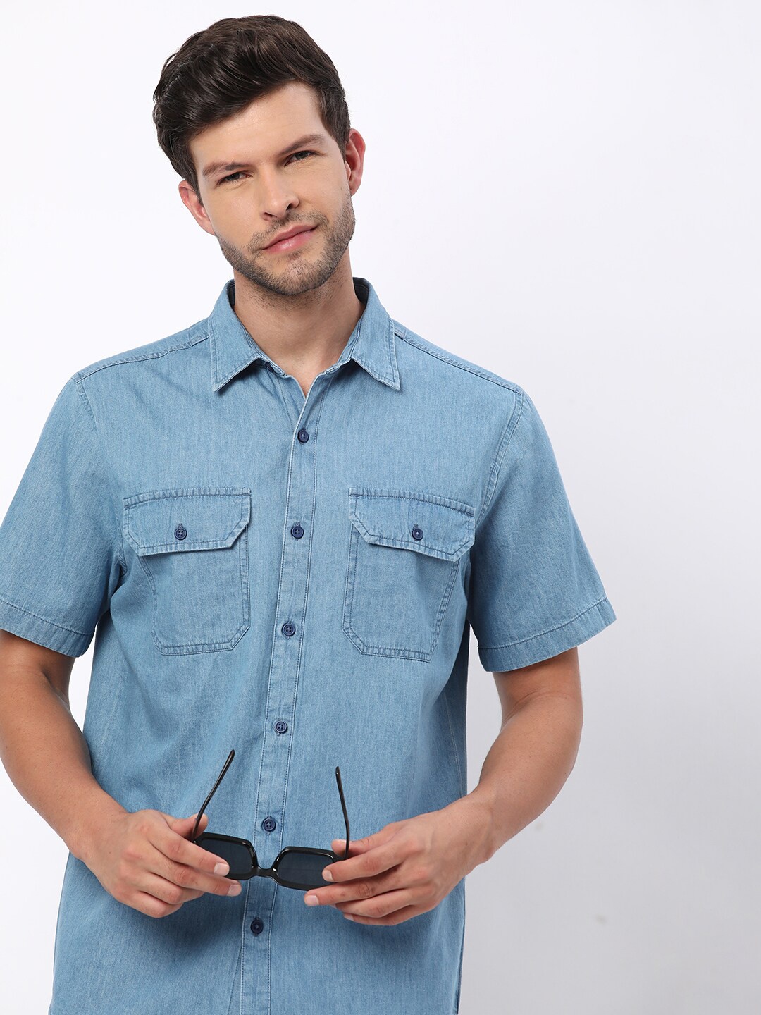 

R&B Men Spread Collar Short Sleeves Cotton Casual Shirt, Blue