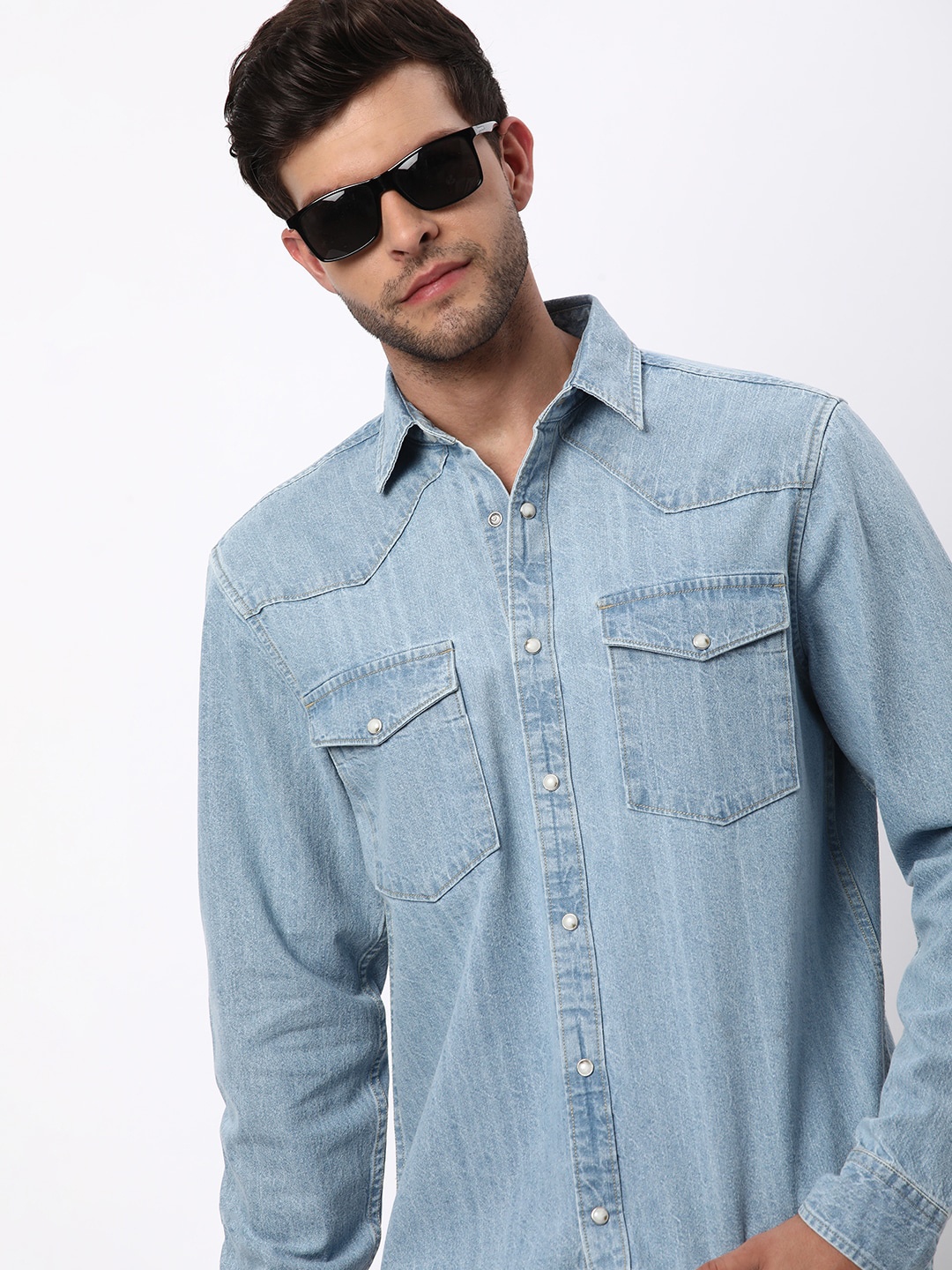 

R&B Spread Collar Long Sleeves Cotton Casual Shirt, Blue