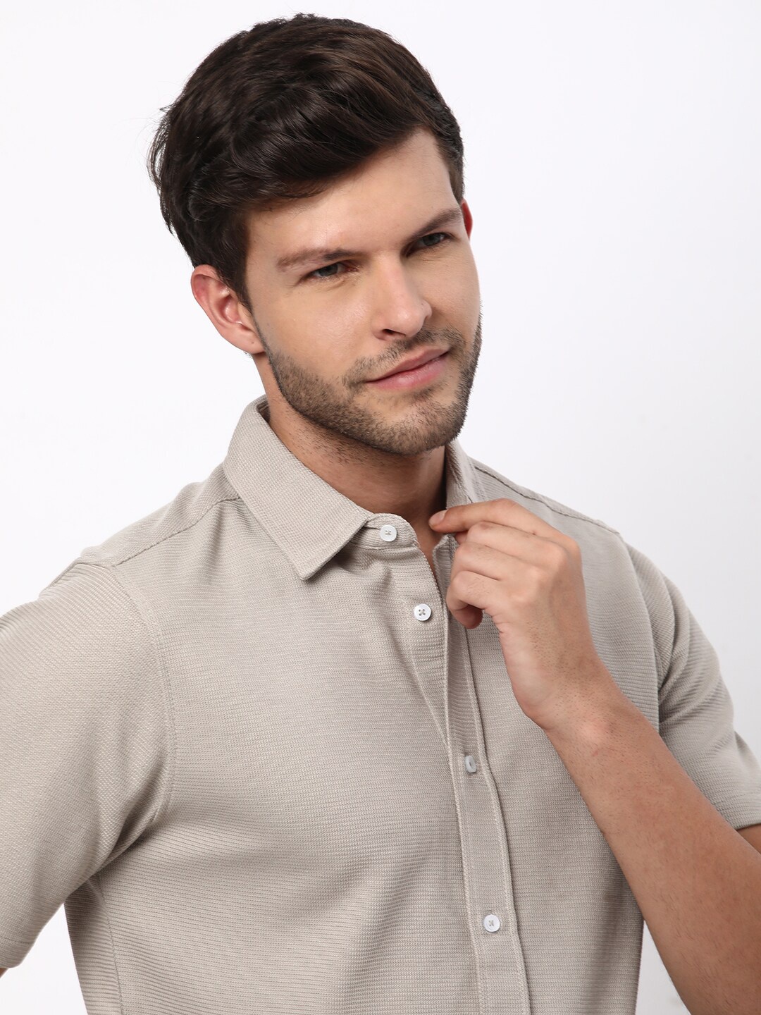 

R&B Textured Self Design Short Sleeves Cotton Casual Shirt, Beige
