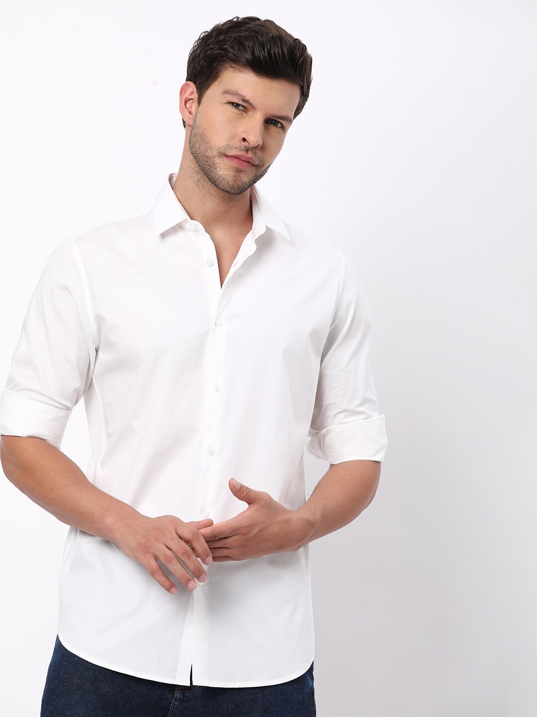 

R&B Slim Fit Spread Collar Short Sleeves Cotton Casual Shirt, White