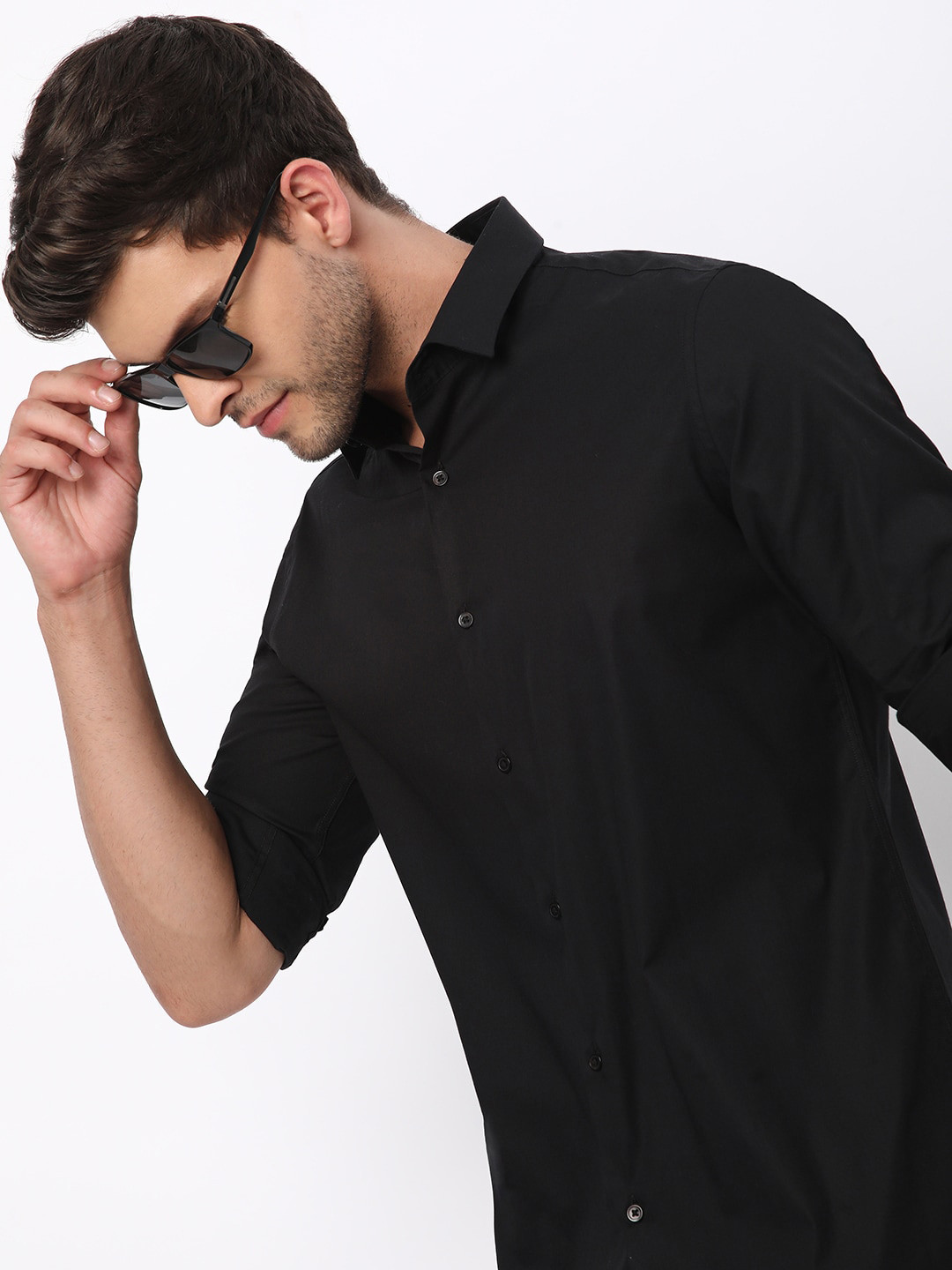 

R&B Slim Fit Spread Collar Long Sleeves Cotton Casual Shirt, Black