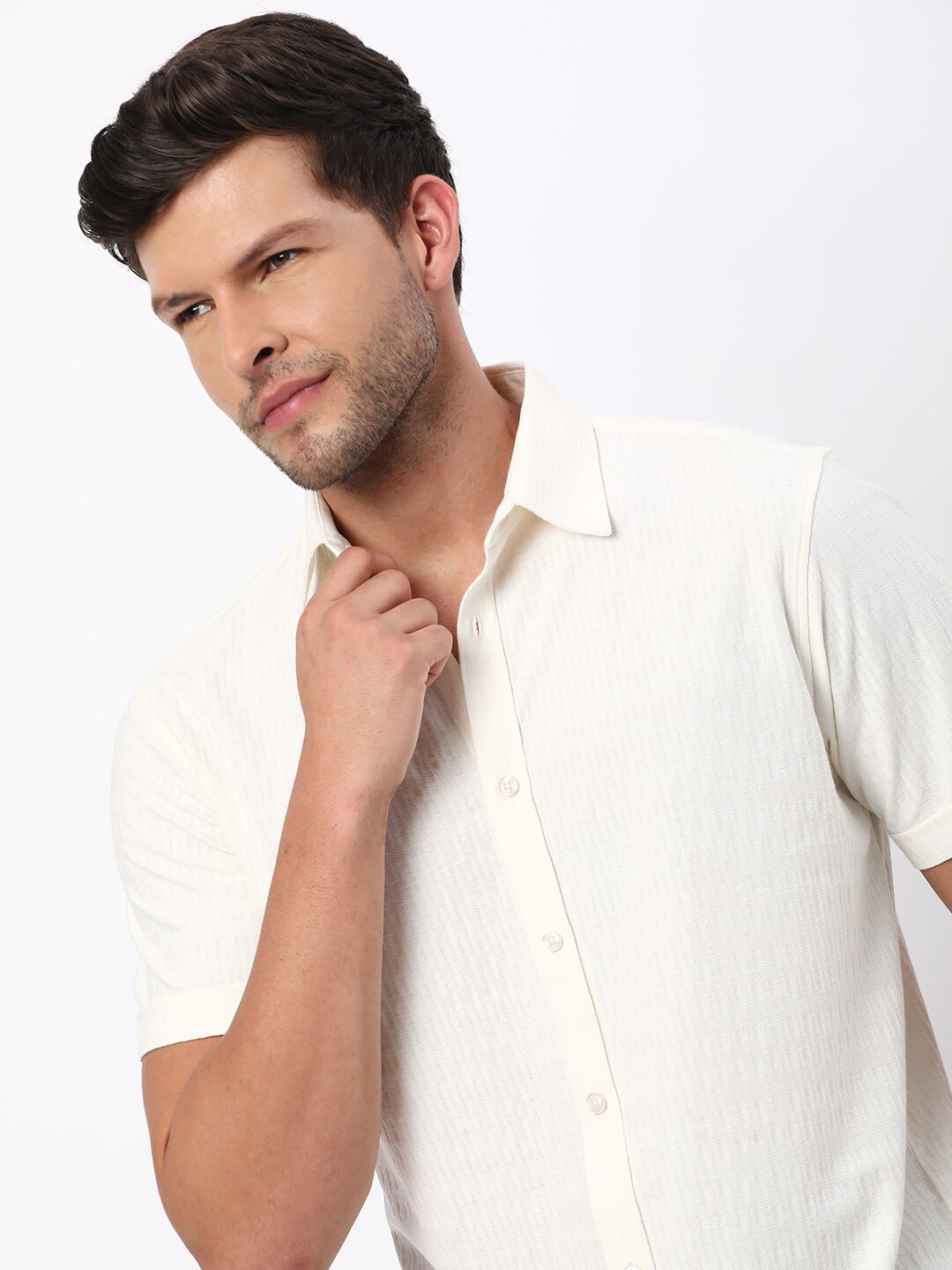 

R&B Textured Self Design Cotton Opaque Casual Shirt, White