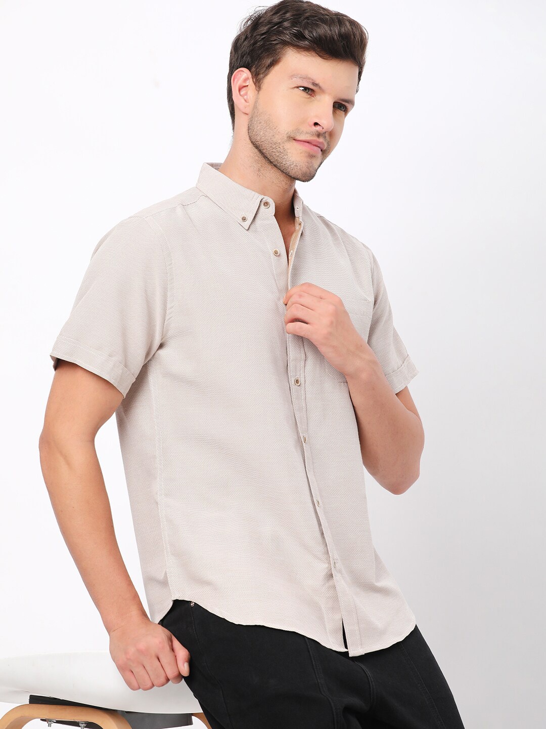 

R&B Textured Self Design Button Down Collar Cotton Casual Shirt, Beige