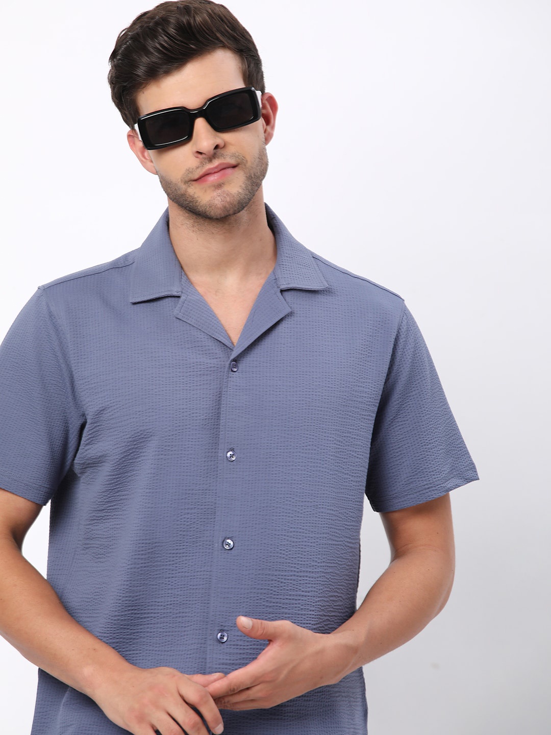 

R&B Textured Self Design Cuban Collar Cotton Casual Shirt, Blue