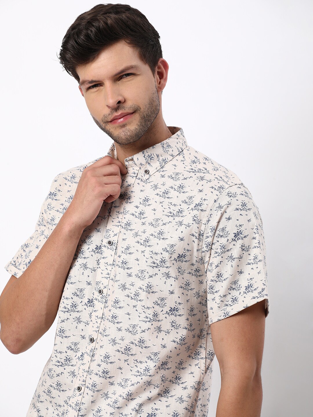 

R&B Floral Printed Button Down Collar Cotton Casual Shirt, Beige