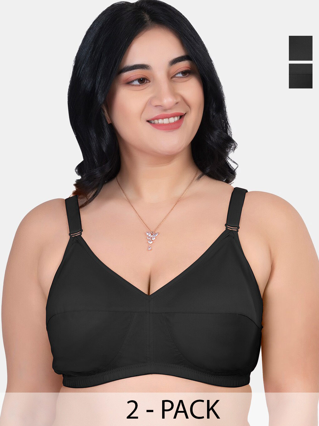 

Souminie Pack Of 2 Pure Cotton Minimizer Bra Full Coverage Non Padded All Day Comfort, Black