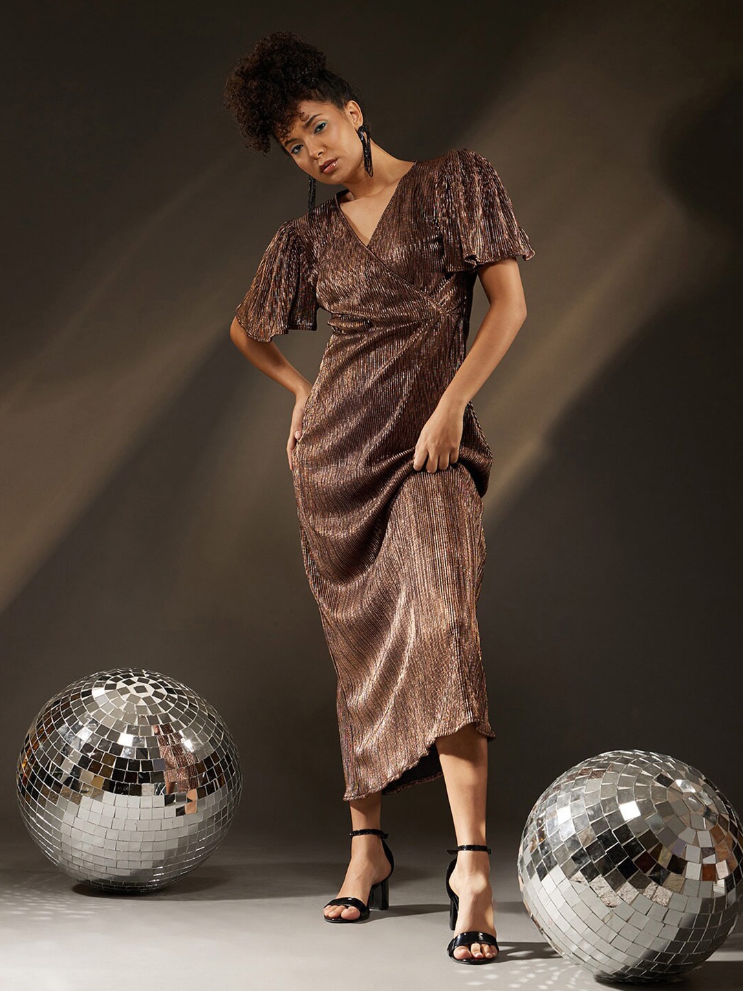 

BAESD Self Design Bell Sleeve Satin Wrap Maxi Party Dress, Gold