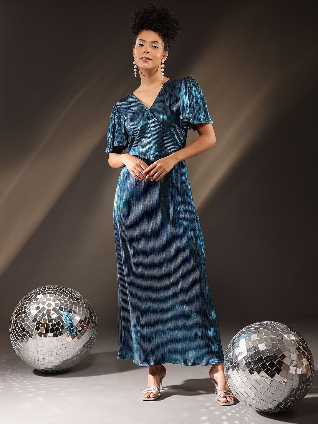 

BAESD V-Neck Short Flared Sleeve Satin Maxi Dress, Blue