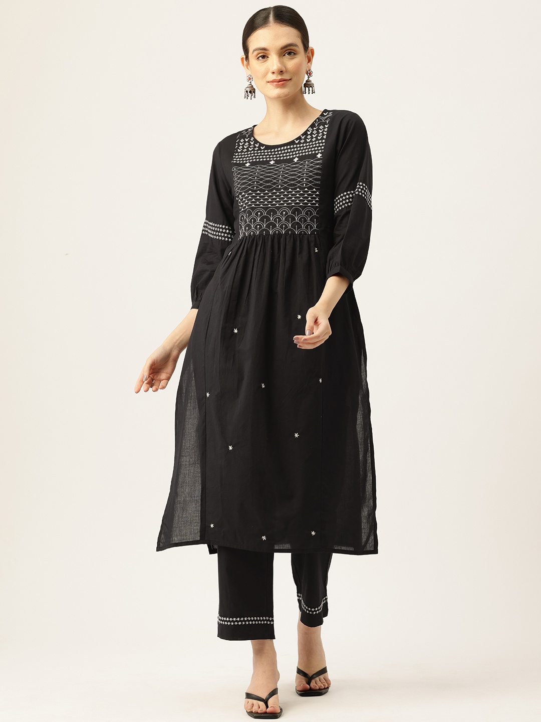 

MISRI Floral Embroidered Pleated Thread Work Pure Cotton Kurta With Trousers, Black