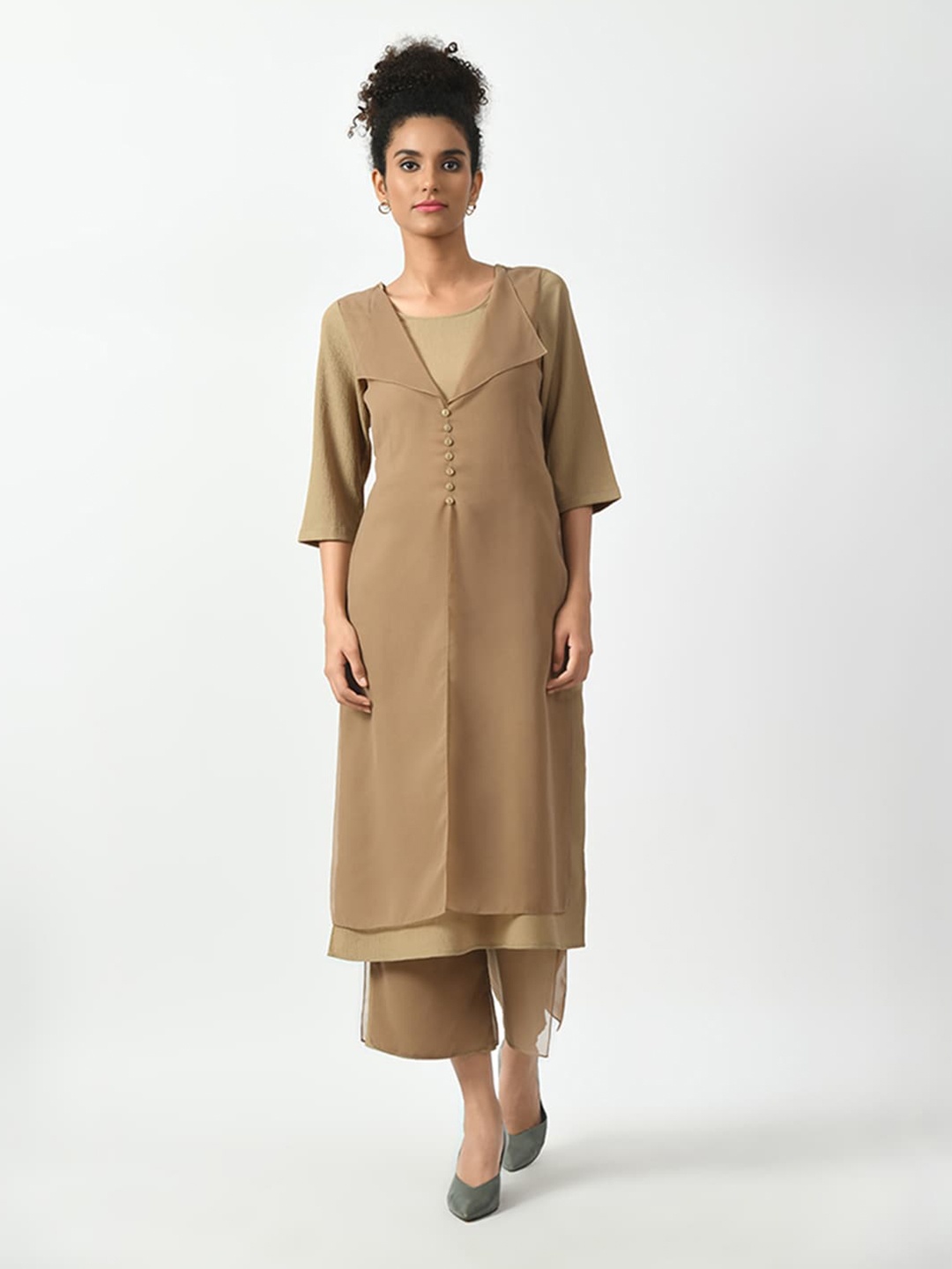 

OFFICE & YOU Crepe Textured A-Line Drape Midi Dress, Beige