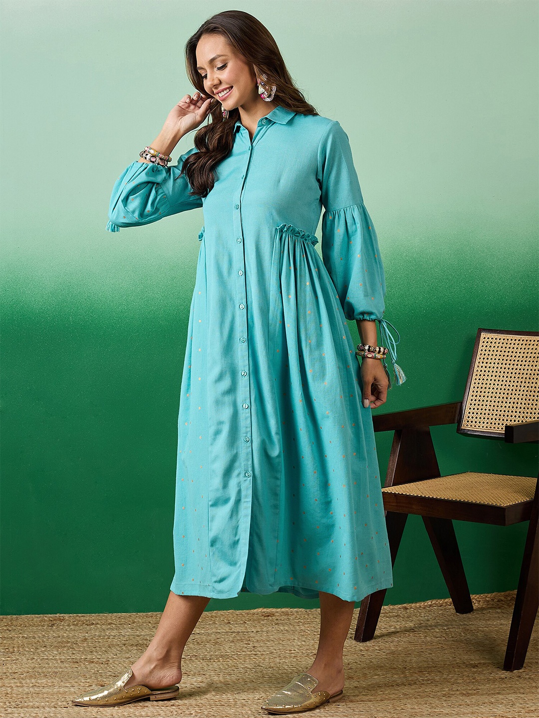 

Sangria Polka Dots Printed Cotton Shirt Midi Dress, Blue