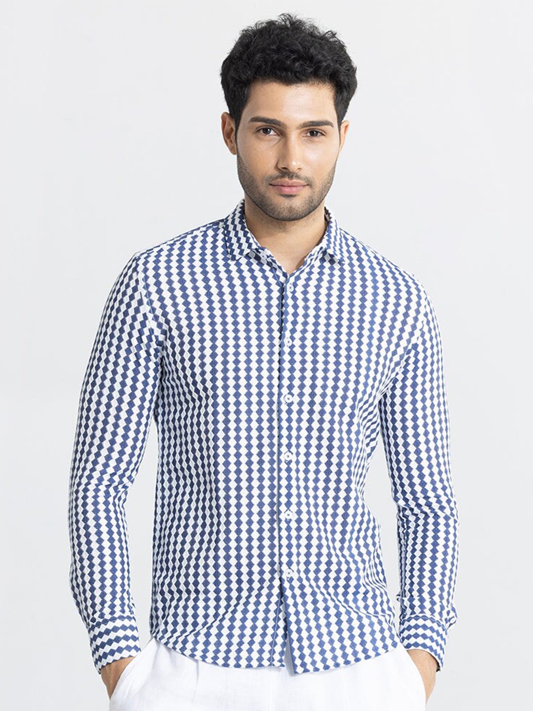 

Snitch Classic Slim Fit Printed Spread Collar Casual Shirt, Blue