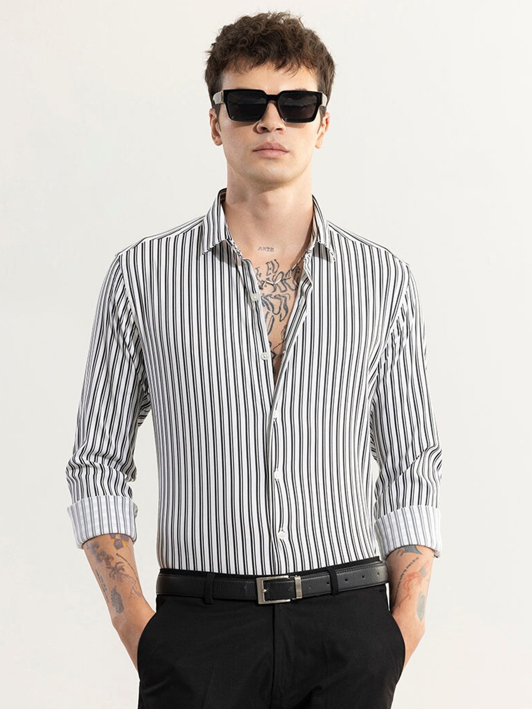 

Snitch Classic Slim Fit Striped Casual Shirt, White