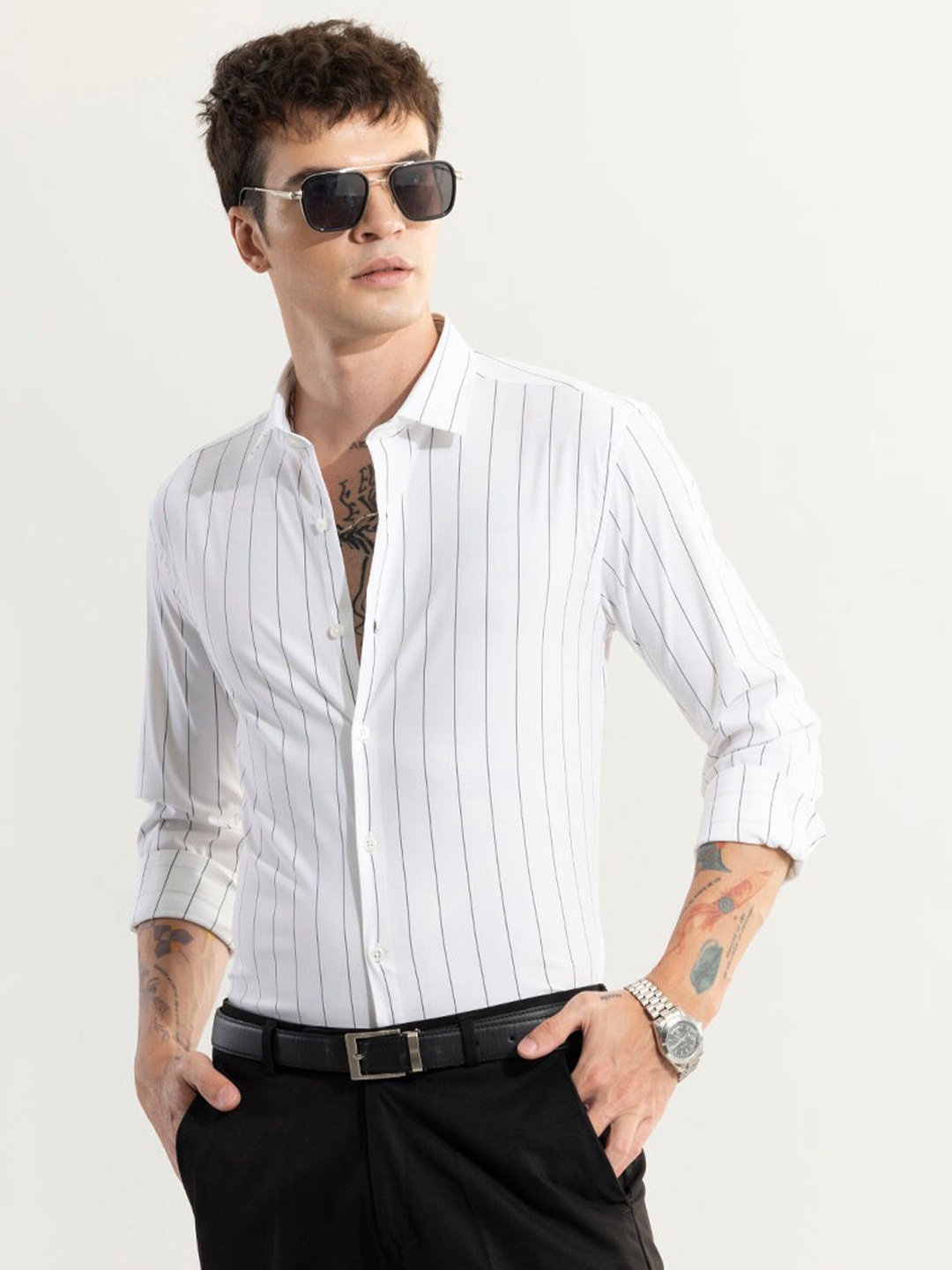 

Snitch Classic Slim Fit Striped Spread Collar Casual Shirt, White