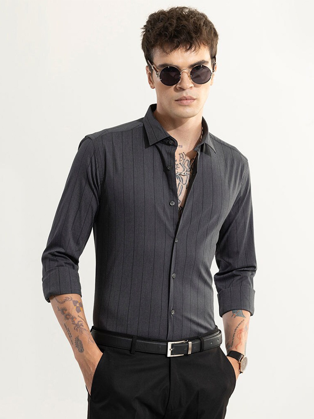 

Snitch Grey Classic Slim Fit Vertical Stripes Opaque Cotton Casual Shirt