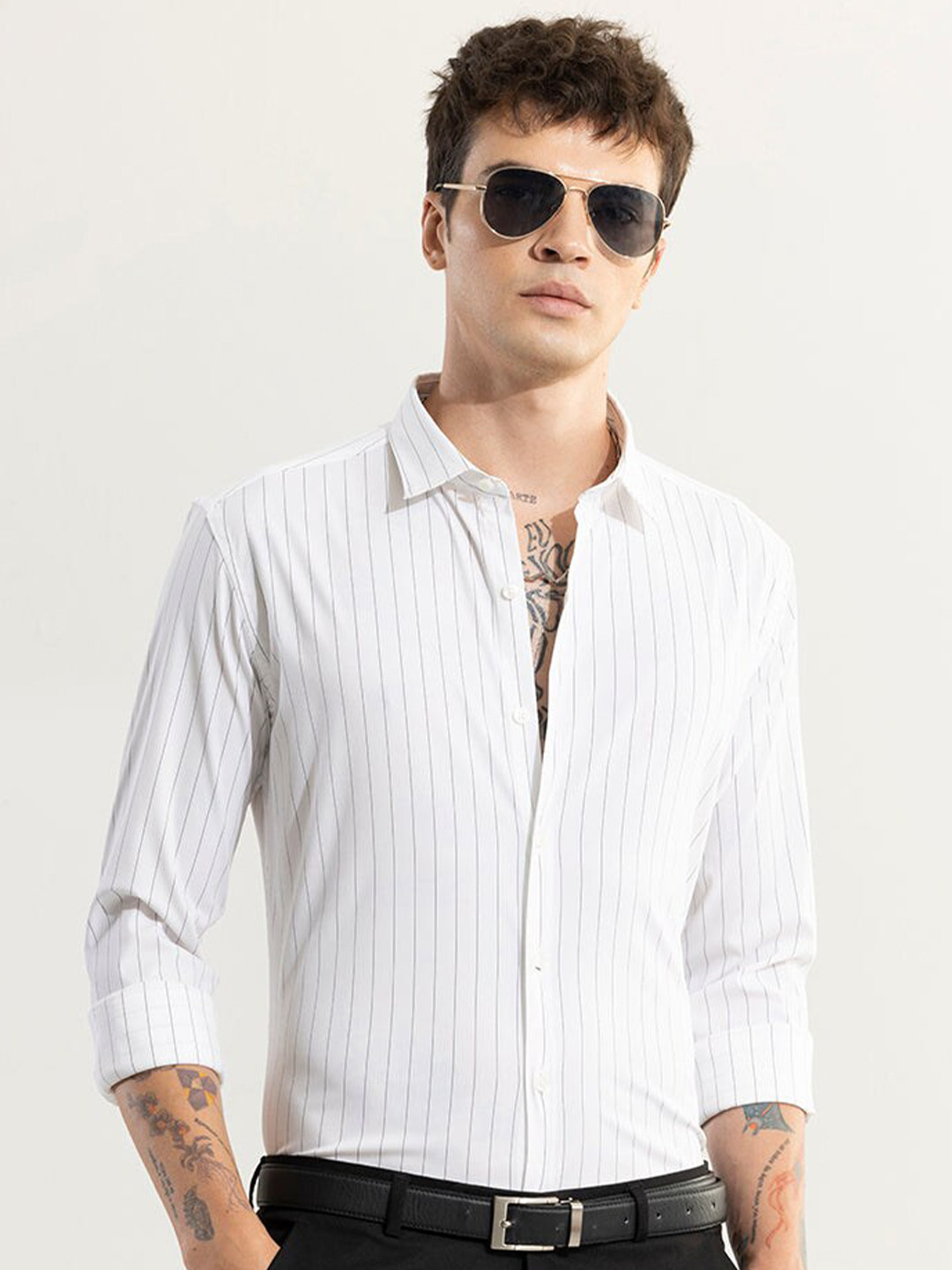 

Snitch Classic Slim Fit Striped Spread Collar Casual Shirt, White
