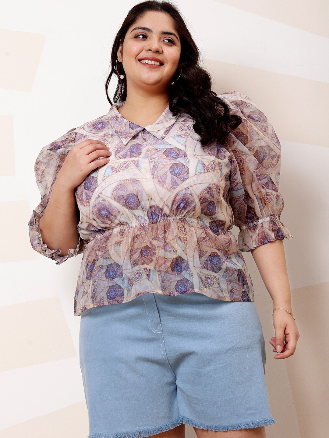 

Athena Ample Plus Size Floral Printed Shirt Collar Puff Sleeves Organza Top, Beige