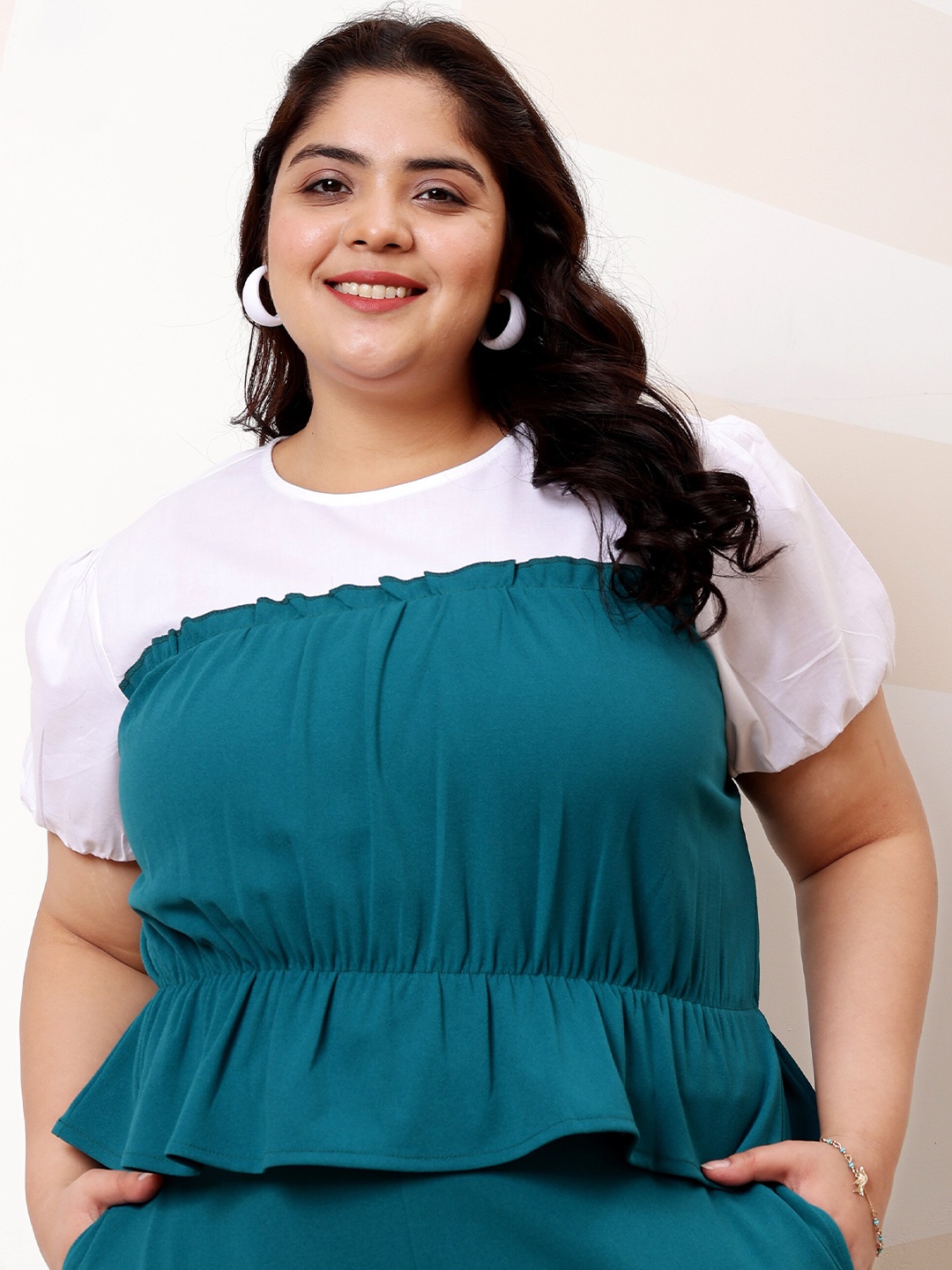 

Athena Ample Plus Size Colorblocked Puff Sleeve Cotton Cinched Waist Top, Green