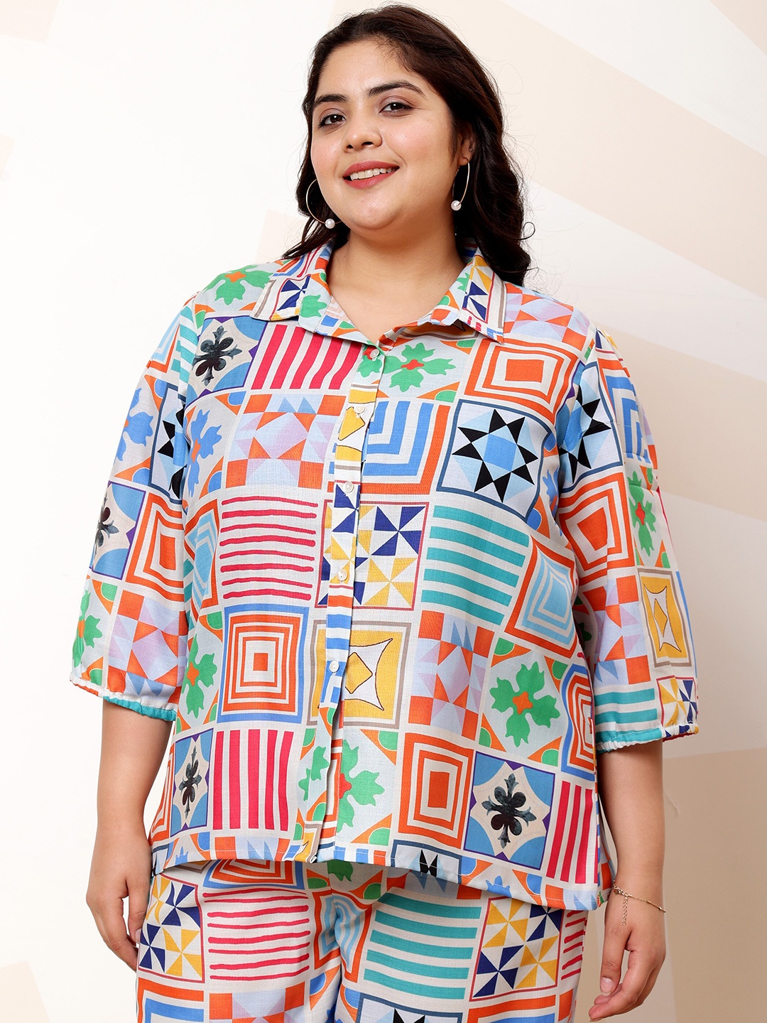 

Athena Ample Plus Size Geometric Printed Linen Casual Shirt, Blue