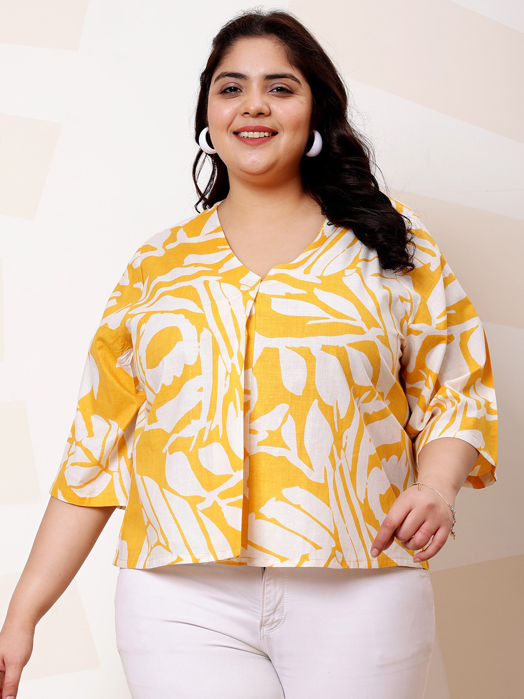 

Athena Ample Plus Size Tropical Printed Cotton Top, Yellow