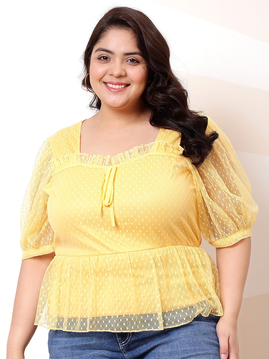 

Athena Ample Square Neck Puff Sleeve Self Design Peplum Top, Yellow