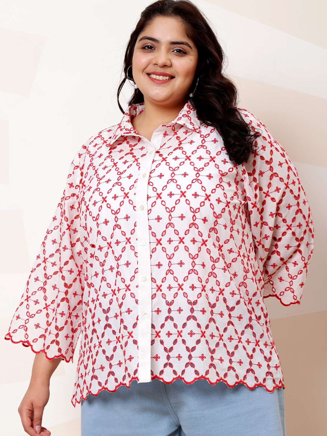 

Athena Ample Plus Size Floral Schiffli Cotton Casual Shirt, Red