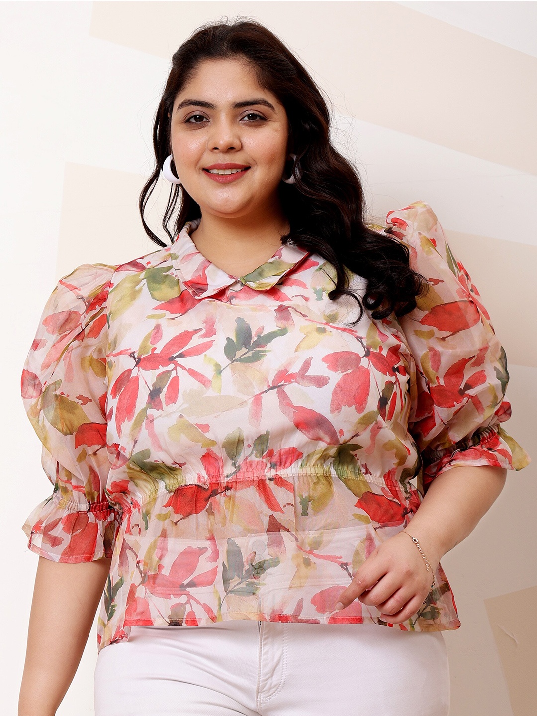 

Athena Ample Plus Size Floral Printed Shirt Collar Puff Sleeves Organza Top, Red