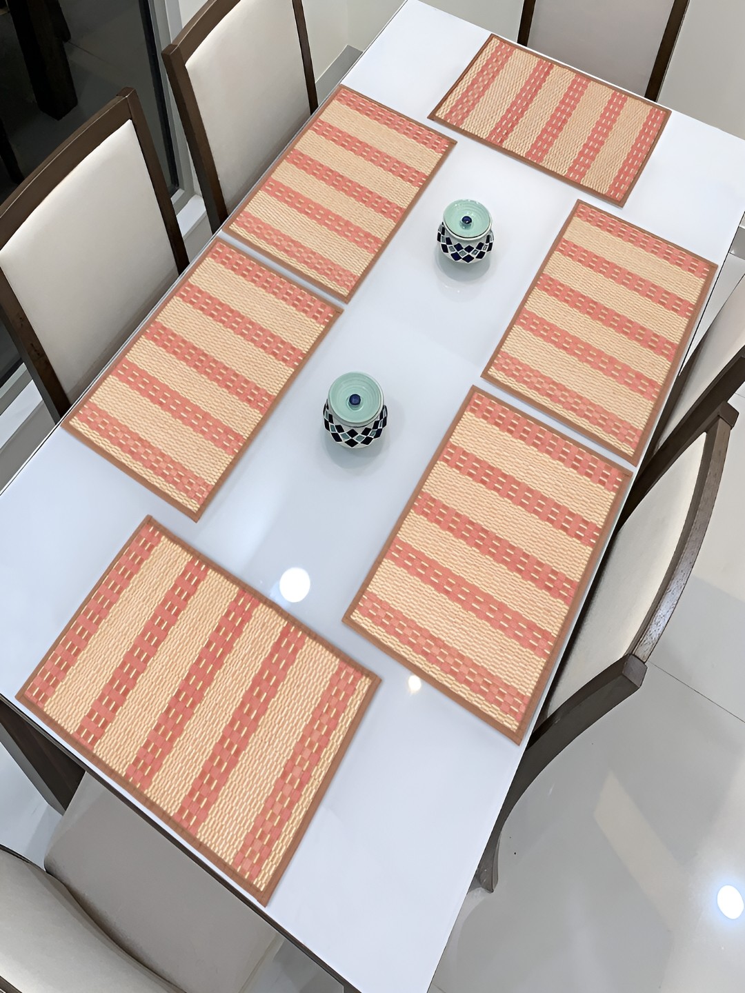 

HOKIPO 6 Pieces Peach-Coloured & Beige Geometric Bamboo Table Placemats