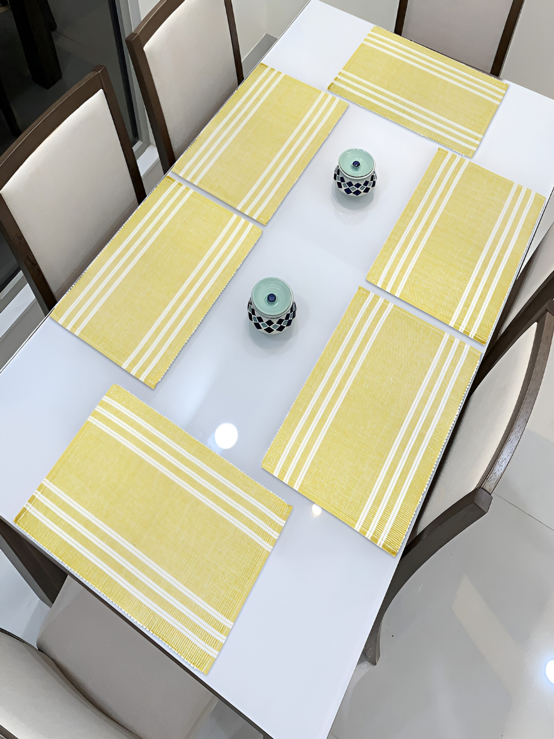

HOKIPO 6 Pieces Yellow & White Striped Cotton Table Placemats