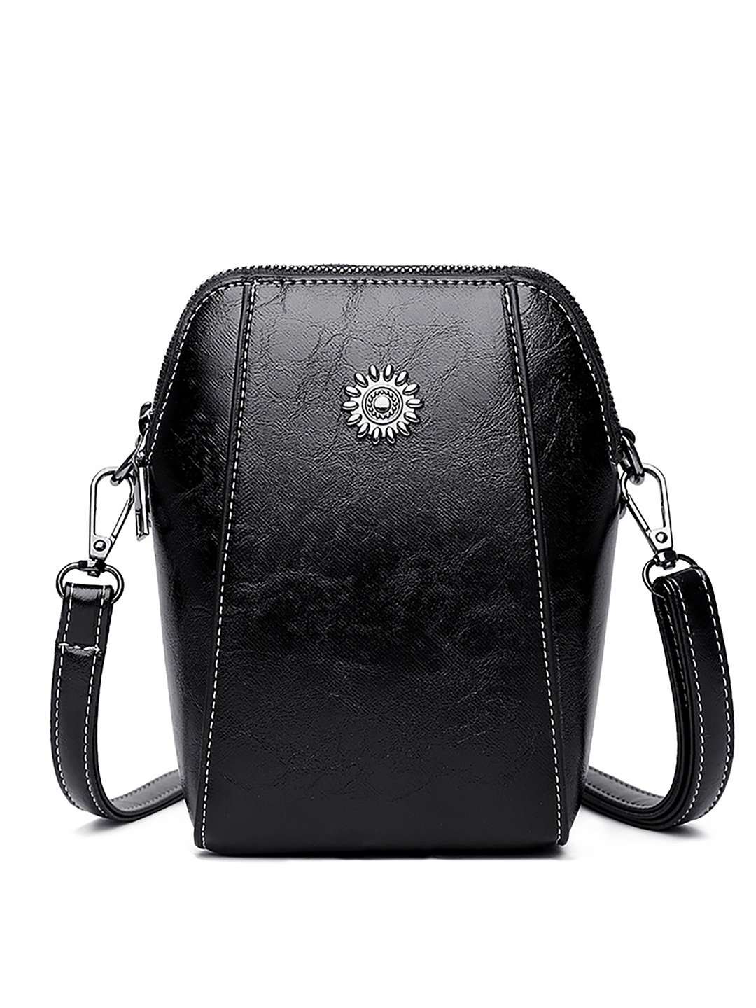 SYGA Embellished Leather Oversized Structured Sling Bag, Black