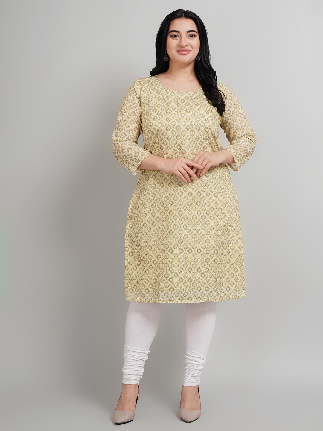 

NAVGYA PLus Size Ethnic Motifs Printed Sequinned Cotton Kurta, Yellow