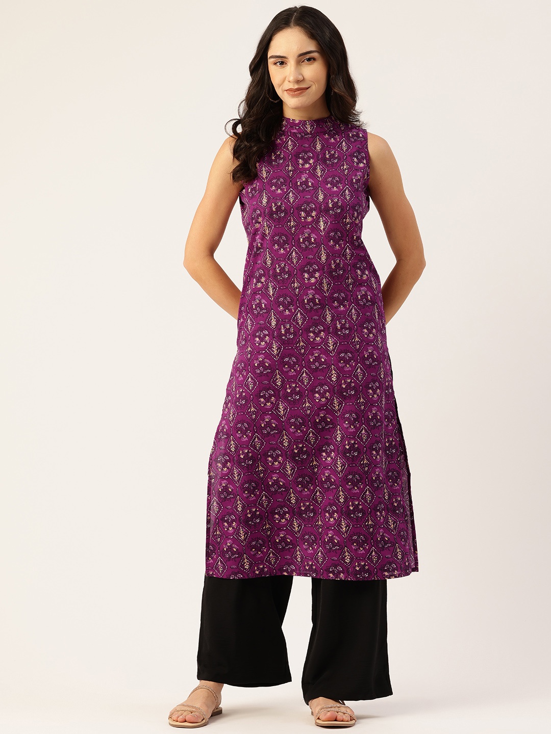 

FERANOID Floral Printed Pure Cotton Kurta, Purple