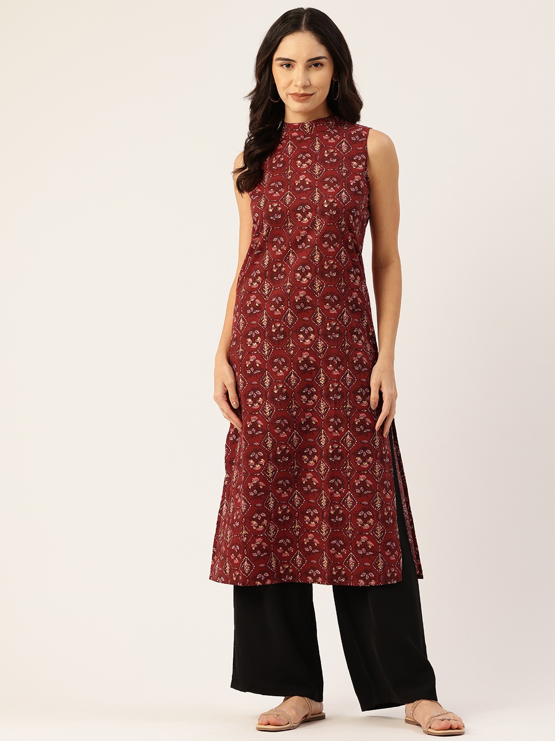 

FERANOID Floral Printed Pure Cotton Kurta, Maroon