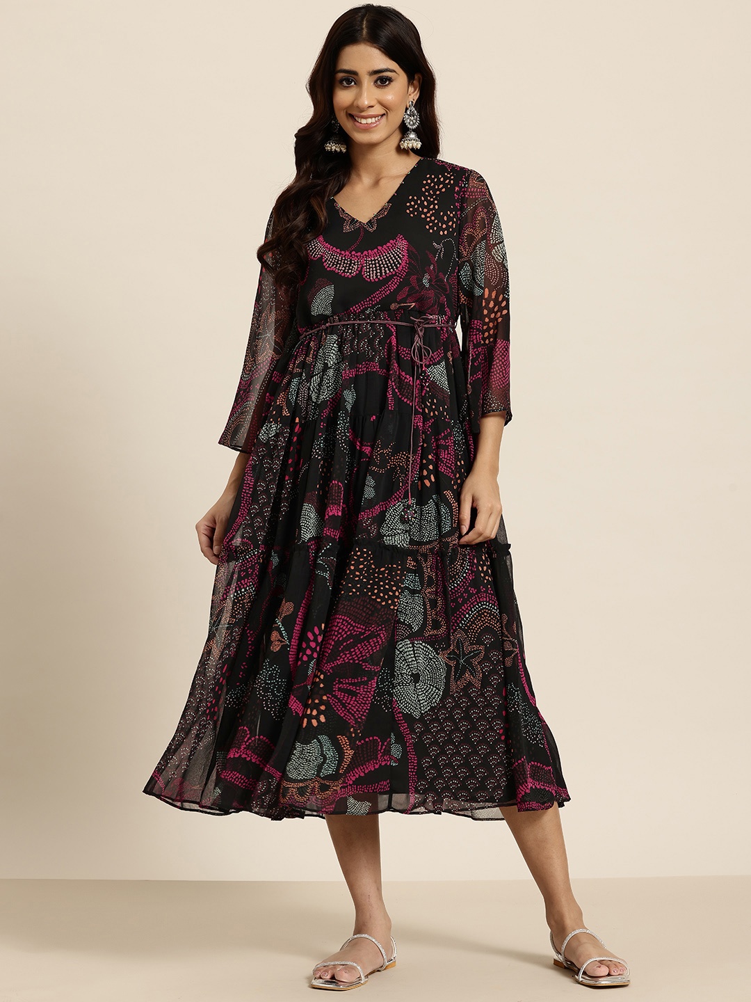 

HERE&NOW Floral Print A-Line Midi Dress, Black