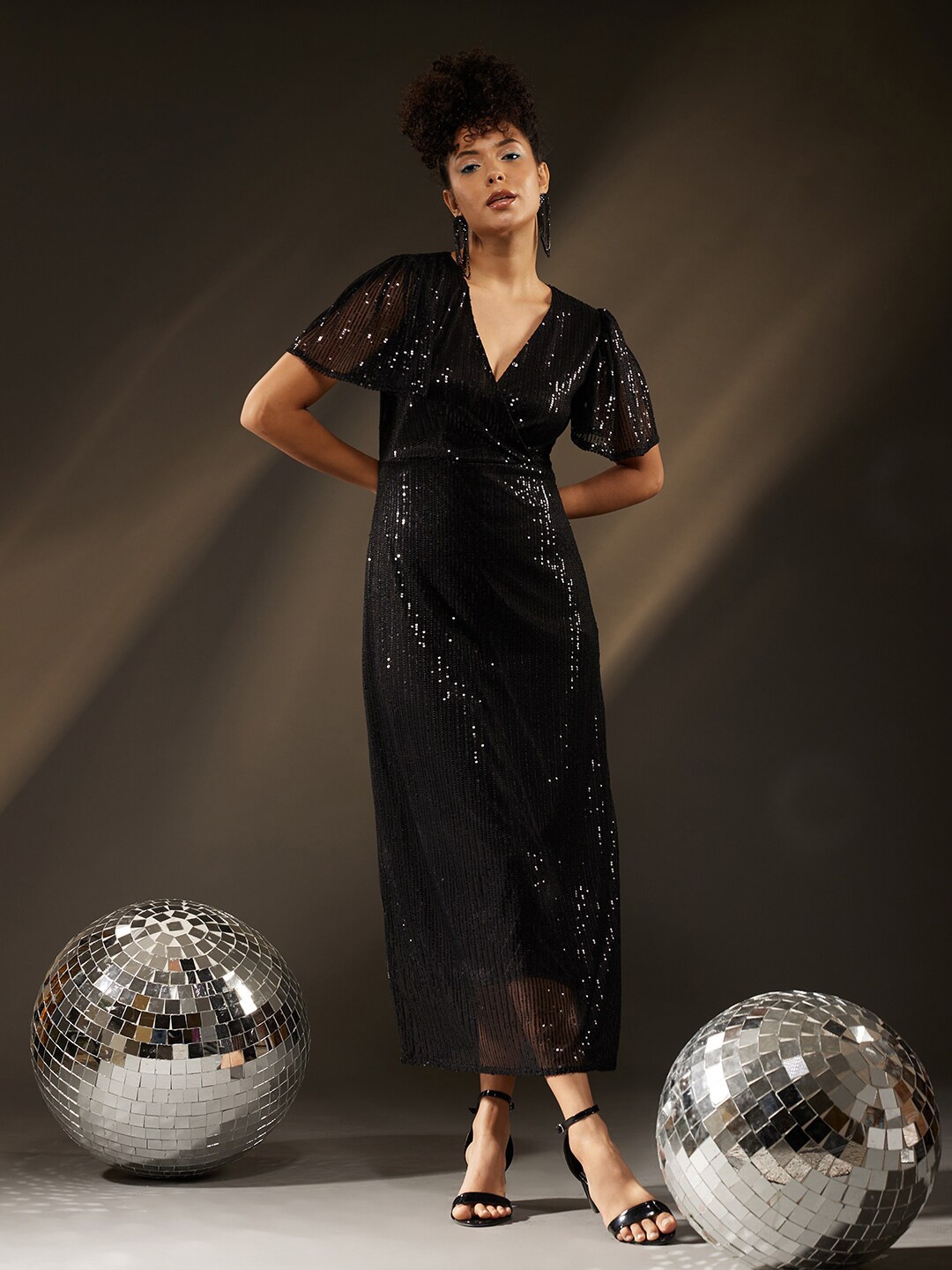 

ATRAENTA Embellished Self Design V-neck Net Maxi Dress, Black