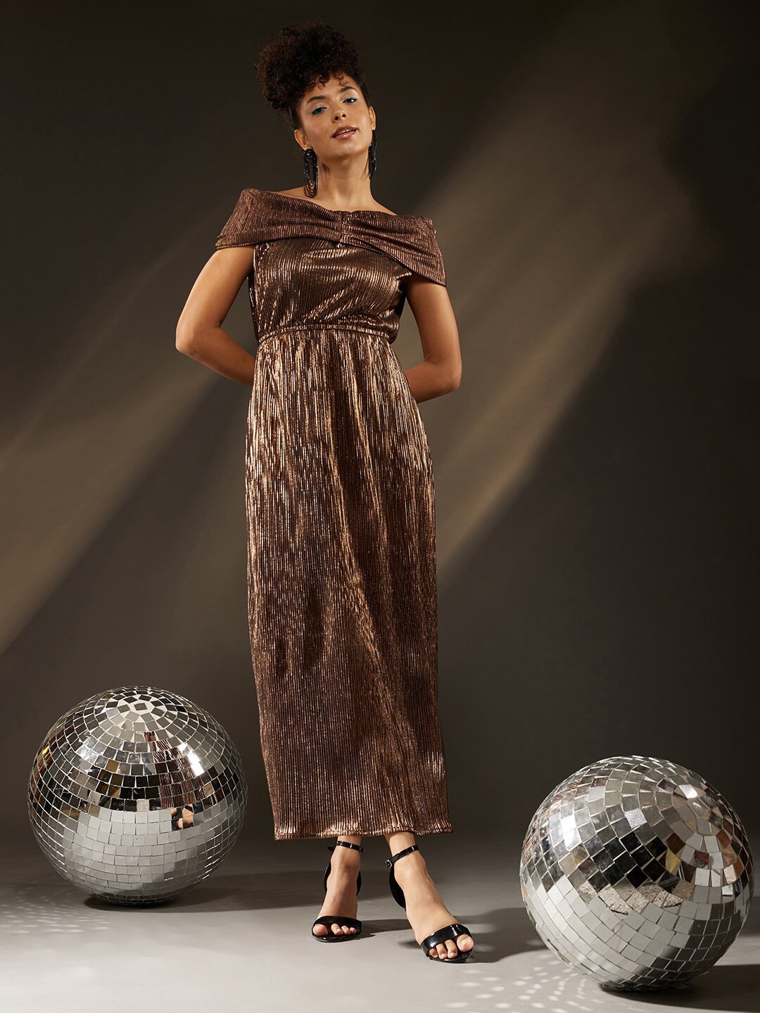 

ATRAENTA Striped Off-Shoulder Satin Maxi Dress, Gold